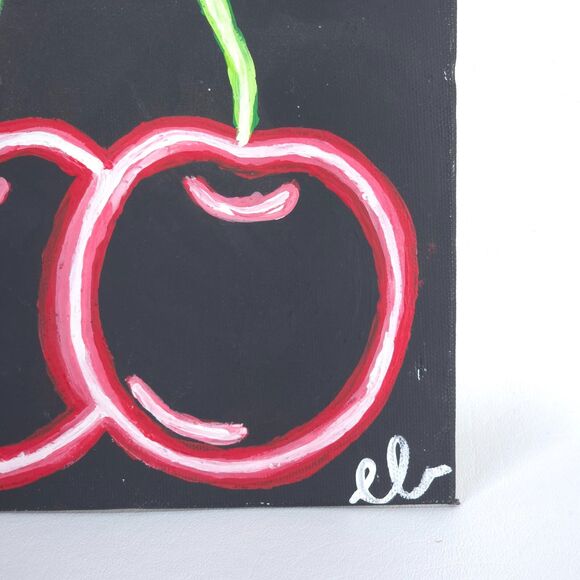 Oil on Canvas Hand Painted Neon Cherries 8" x 8" Abstract Simplicity 1st Release - Picture 5 of 7